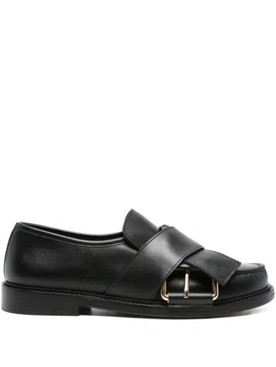 Moschino Belted Up Leather Loafers In Black