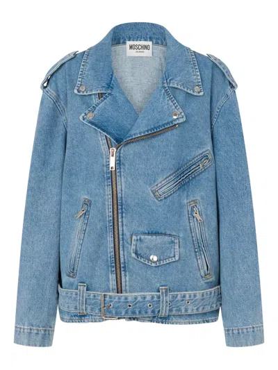 Moschino Cotton Denim Biker Jacket In Blue