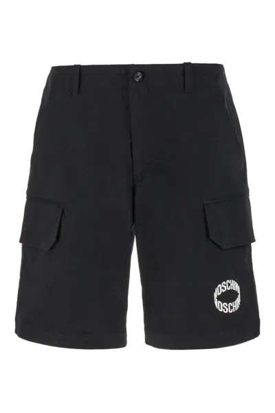 Moschino Logo Cotton Gabardine Cargo Shorts In Black