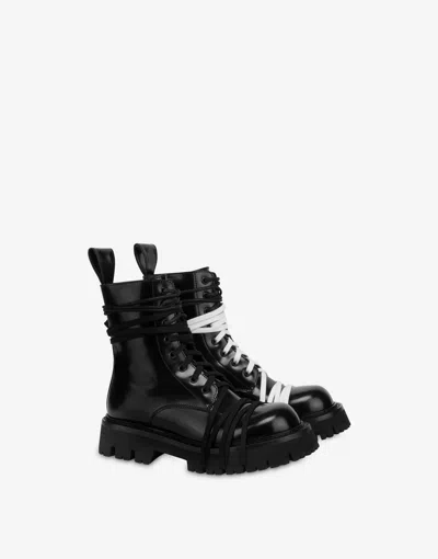 Moschino Biker Boots In Brushed Calfskin In Black