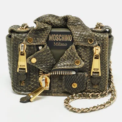 Pre-owned Moschino Biker Jacket Olive Green Leather And Python Shoulder Bag