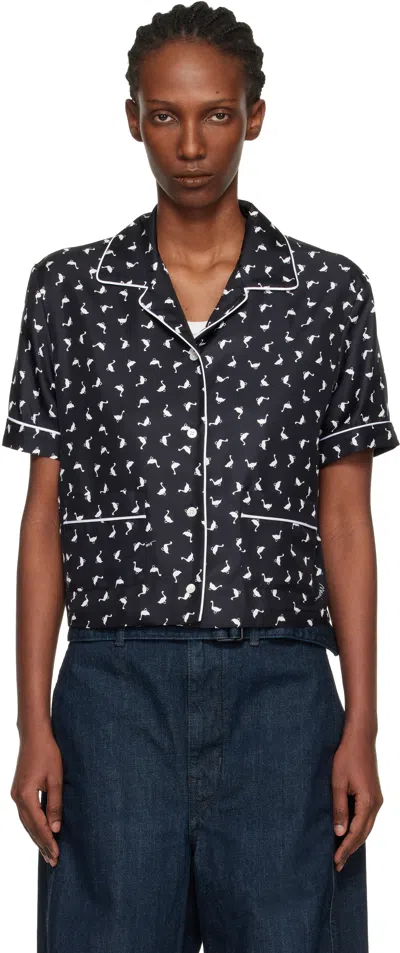 Moschino Black All Over Small Goose Print Silk Twill Blouse