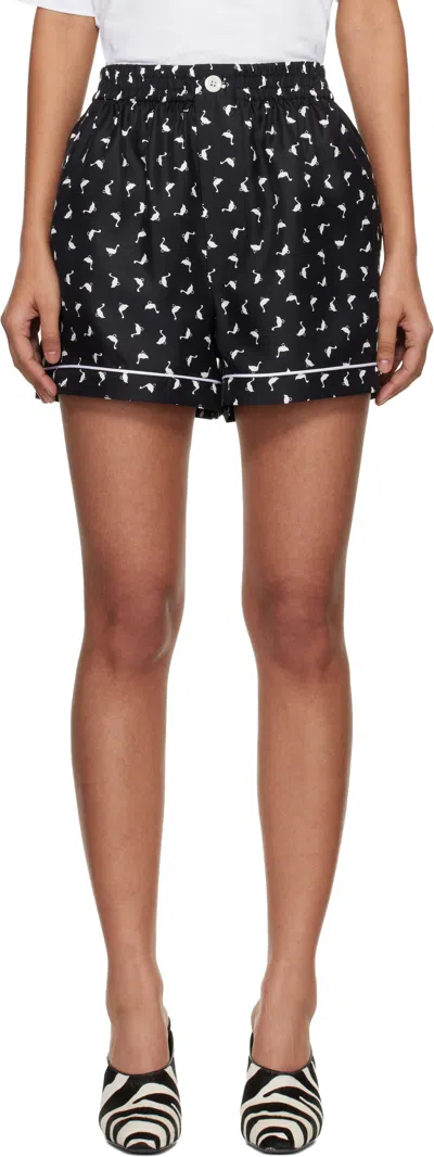 Moschino Black All Over Small Goose Print Silk Twill Shorts