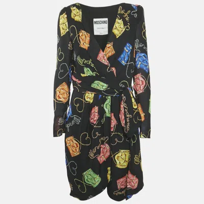 Pre-owned Moschino Black Biker Bag Print Silk Wrap Dressm
