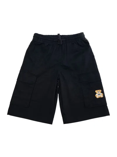Moschino Kids' Black Cargo Shorts With Bear Embroidery On The Leg In Cotton Blend Boy