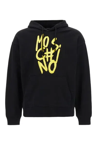Moschino Drawstring Hood Cotton Sweatshirt In Black