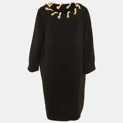 Pre-owned Moschino Black Crepe Pearl Detail Short Dress L