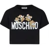 MOSCHINO BLACK CROP T-SHIRT FOR GIRL WITH TEDDY BEARS AND LOGO