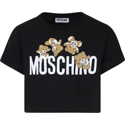 Moschino Kids' Black Crop T-shirt For Girl With Teddy Bears And Logo