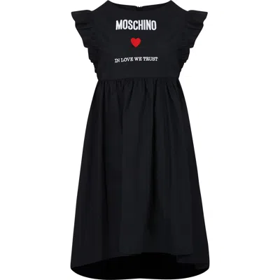 Moschino Kids' Black Dress For Girl With Logo And Heart