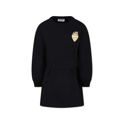 Moschino Kids' Black Dress For Girl With Teddy Bear And Heart