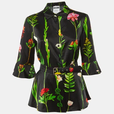 Pre-owned Moschino Black Floral Print Satin Belted Top M