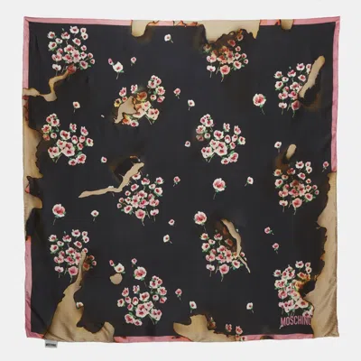 Pre-owned Moschino Black Floral Print Silk Scarf