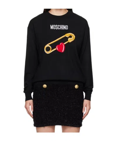 Moschino Black Intarsia Heart Safety Pin Sweater