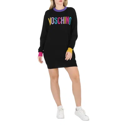 Pre-owned Moschino Black Intarsia Logo-knit Jumper Dress