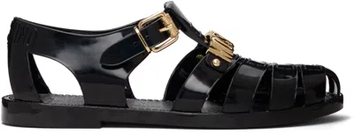 Moschino Black Jelly Logo Lettering Sandals In Animal Print