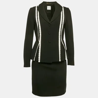 Pre-owned Moschino Black Lace Trim Crepe Jacket And Skirt M/s
