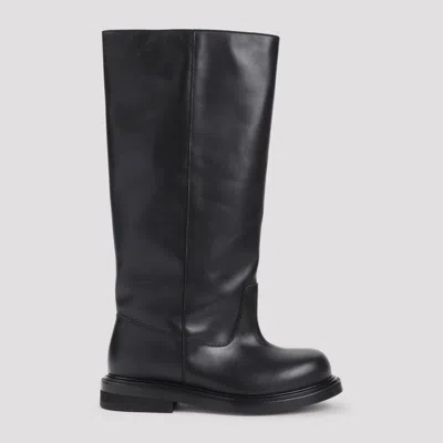 Moschino High Knee Round Toe Leather Boots In Black