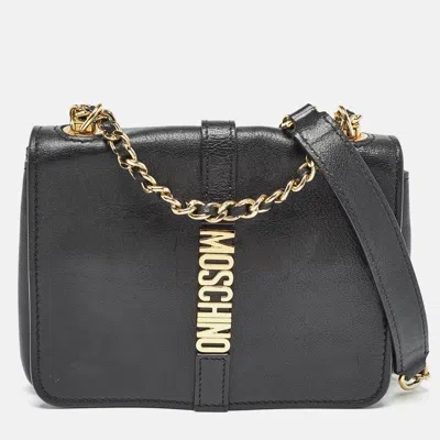 Pre-owned Moschino Black Leather Classic Logo Flap Shoulder Bag