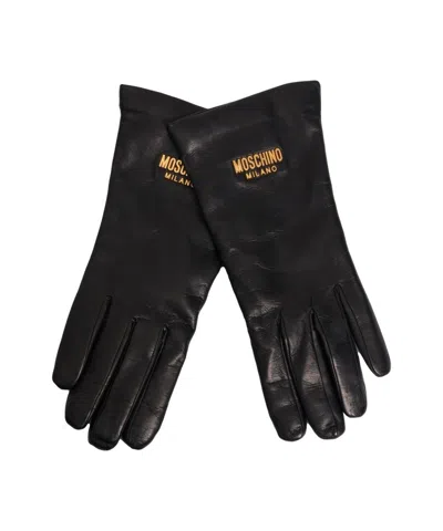 MOSCHINO BLACK LEATHER GLOVES WITH LOGO DETAIL