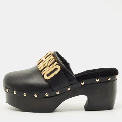 Pre-owned Moschino Black Leather Logo Clogs Size 37
