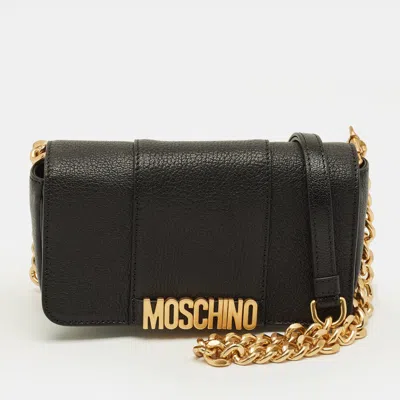 Pre-owned Moschino Black Leather Logo Flap Shoulder Bag