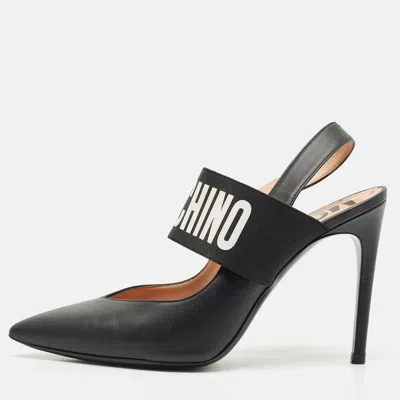 Moschino Black Leather Logo Pointed Toe Pumps
