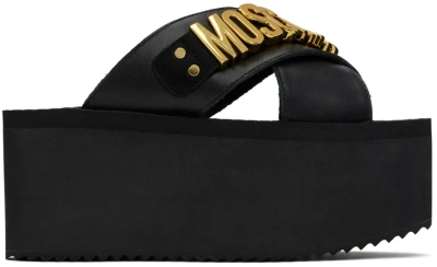 Moschino Black Lettering Logo Wedge Sandals In 000 * Nero