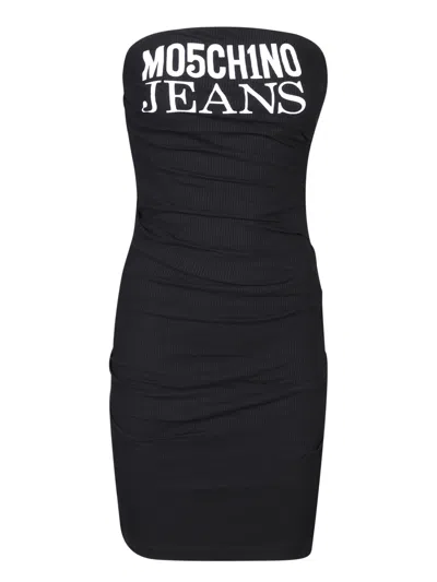 Moschino Jeans Logo Printed Strapless Mini Dress In Black