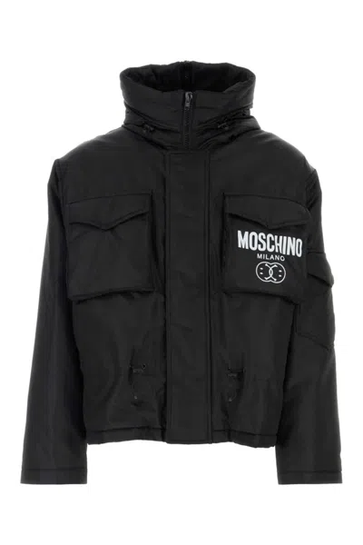 MOSCHINO BLACK LOGO PRINT PADDED JACKET