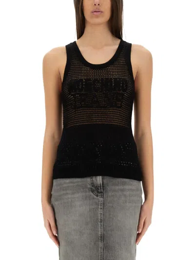 Moschino Black Logo Round Neck Top In Animal Print