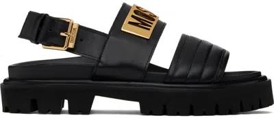 Moschino Black Maxi Logo Plate Calfskin Sandals In 00a * Fantasy Color