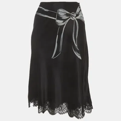 Pre-owned Moschino Black Printed Satin And Lace Trim Pencil Skirt S