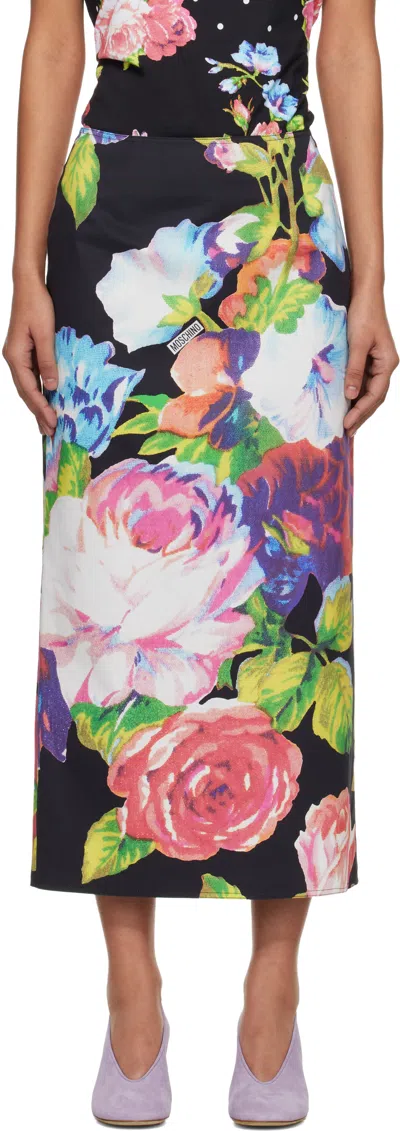 Moschino Black Printed Stretch Cotton Midi Skirt