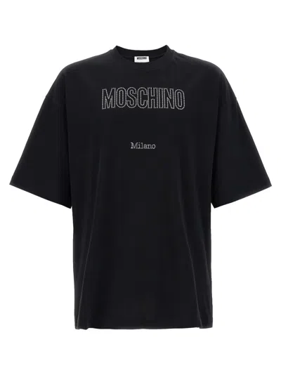 Moschino Crystal Logo Crew Neck T-shirt With Short Sleeves In Black