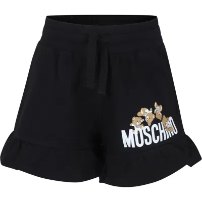 Moschino Kids' Black Shorts For Girl With Teddy Bear And Logo In Nero