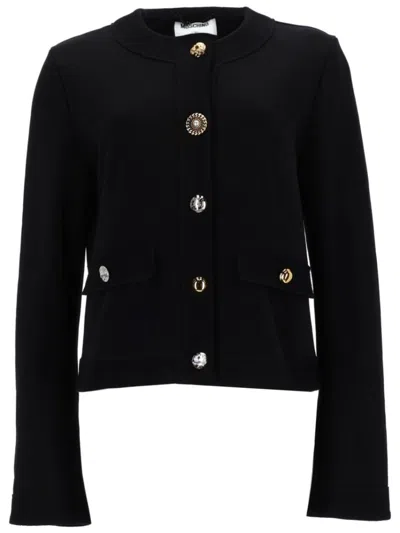 MOSCHINO BLACK SOLID ROUND NECK CARDIGAN