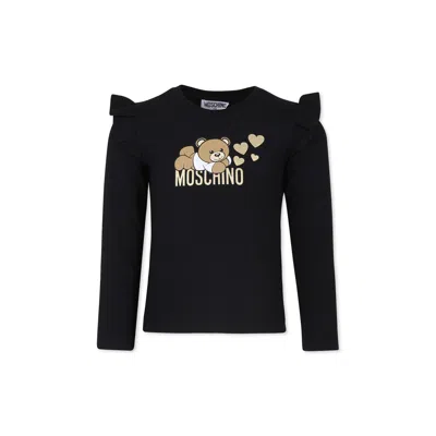 Moschino Kids' Black T-shirt For Girl With Lying Teddy Bear And Hearts