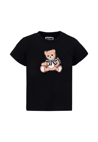 Moschino Kids' Black T-shirt For Girl With Teddy Bear In Multi