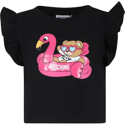 Moschino Kids' Black T-shirt For Girl With Teddy Bear And Flamingo In Nero
