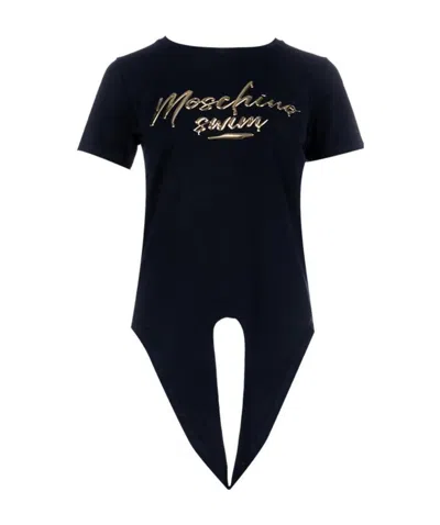 Moschino Black T-shirt With Round Collar And Knot Hem