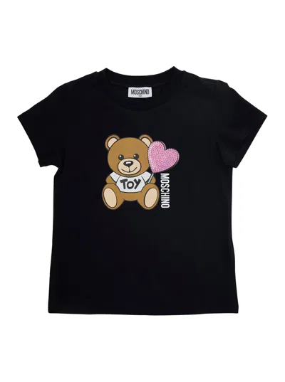 Moschino Kids' Black T-shirt With Teddy Bear Print On The Front In Cotton Girl