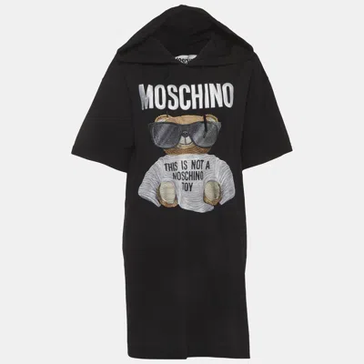 Pre-owned Moschino Black Teddy Embroidered Cotton Hooded Dress M