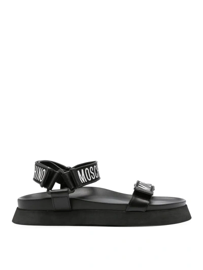 MOSCHINO BLACK WHITE LOGO EMBROIDERED MULES