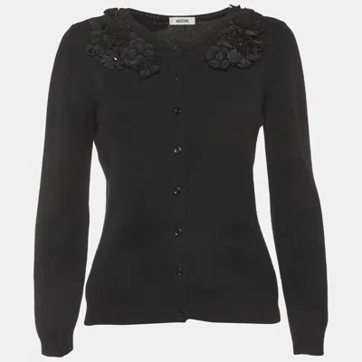 Pre-owned Moschino Black Wool Blend Knit Floral Applique Sweater M