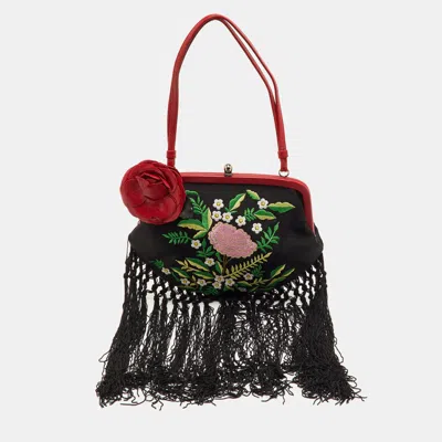 Pre-owned Moschino Black/red Satin And Leather Tassel Floral Embroidered Shoulder Bag