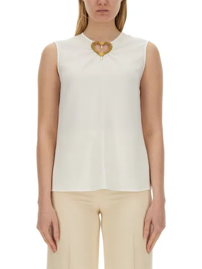 Moschino Blouse With Heart Applique And Subtle Keyhole Detail In White