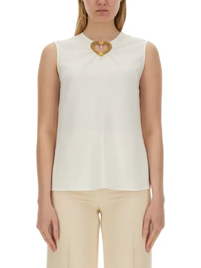 Moschino Blouse With Heart Applique And Subtle Keyhole Detail In White