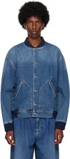 Moschino Blue Barcode Patch Denim Bomber Jacket In Blue