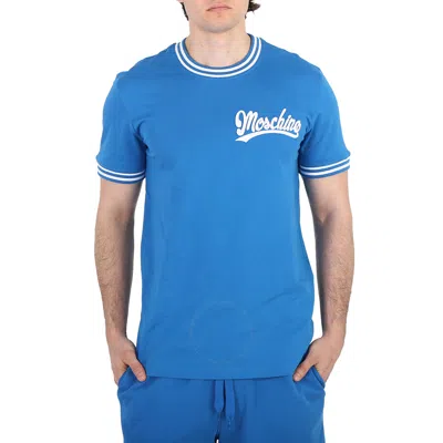Moschino Blue Cotton Stripe Trim Logo Embroidered T-shirt